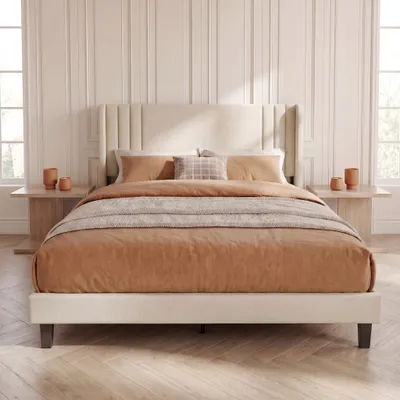 Image de Lit rembourré INONEFT, dimensions 140x200 cm, avec sommier à lattes, tête de lit rembourrée et revêtement en lin. Lit pour adolescents ou lit double en bois et métal, couleur beige