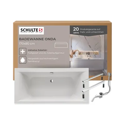 Produktbild von Schulte Badewanne Rechteck Modell Onda, Weiß Sanitäracryl, 170x80 cm, inkl. Fußgestell und Ab- und Überlauf
