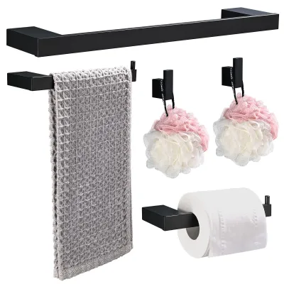 Image de Ensemble de porte-serviettes, 5 pièces, en aluminium, barre de 40 cm, porte-papier toilette et crochet à serviette, fixation murale, pour la salle de bains et la cuisine, noir