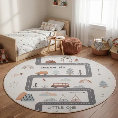 Produktbild von Carpetsale24 Kinderteppich Straße Spielteppich rund 120 cm für Kinderzimmer in Creme mit Fahrzeug Motiv ideal für kleine Spielecken