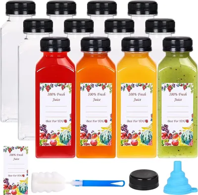 Obrázok produktu pre TRANKIELO® - 12 kusov opakovateľne použiteľných plastových fliaš na šťavu - objem 360 ml - s uzávermi, štítkami, lievikom a kefkou