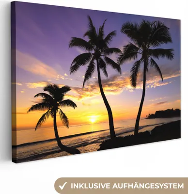 Produktbild von MuchoWow® - Leinwandbilder - Strand - Sonnenuntergang - Palmen - Tropisch, Wandbild, Wanddeko Bilder Wohnzimmer, 120x80 cm
