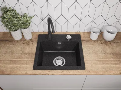 Produktbild von Faizee Home | Compact Granitspüle 41 x 44 cm – Einbauspüle aus Granit für moderne Küchen | Küchenspüle mit 170 mm Tiefe | Spülbecken für Unterschrank ab 45 cm (Schwarz)