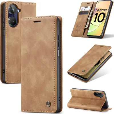 Produktbild von Realme 10 4G Hülle, Retro Kunstledertasche mit Standfunktion Schutzhülle für Realme 10 4G Braun
