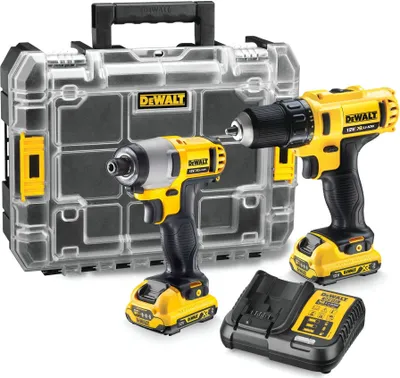 A set of DeWalt power tools, including a drill and an impact driver, along with a charger and a storage case, displayed against a white background.