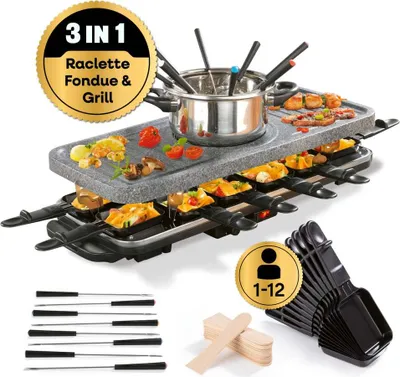 Produktbild von GOURMETmaxx Raclette Fondue Kombi XXL Elektro Raclette Grill Pfännchen & Raclette Zubehör 12 Personen Keramik Antihaftbeschichtung & Steinplatte