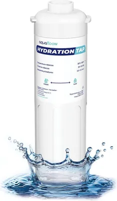 A white water filter cartridge with blue text and a water splash effect at the bottom, set against a white background.