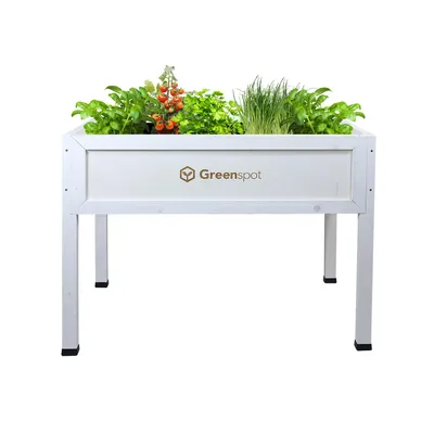 Produktbild von Hochbeet für Balkon, Terrasse und Garten 110x55x80cm - Herbarium aus Holz auf Beinen - Pflanzkübel auf Beinen für Blumen, Kräuter, Gemüse - Hochkasten für den Garten, Greenspot Vintage weiß