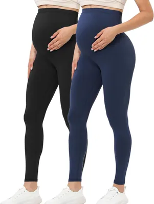 Produktbild von Schwangerschaftsleggings für Damen mit hoher Taille und verstellbarem Knopfverschluss, Set aus 2 Stück in Schwarz und Marineblau