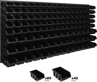 A wall-mounted storage system with multiple black bins, shown with two individual bins at the bottom.