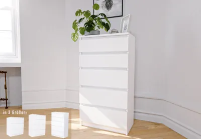 Produktbild von Kommode weiß mit fünf Schubladen, Schlafzimmer Flur kleiner Nachttisch, Schrank, Sideboard, Highboard, Breite 60 cm Höhe 112cm