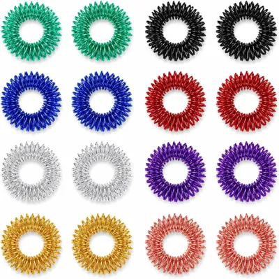 Produktbild von 16 Stück Akupressurringe - Fingermassageringe aus Metall - Igelringe - 8 Farben - Massage-Ringe - Sensorisches Fidget-Spielzeug - Stressabbau