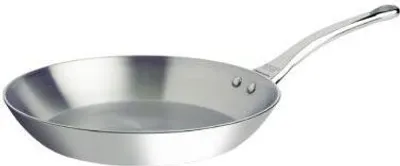 A silver frying pan with a long handle is shown against a white background.