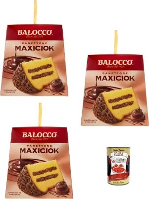 Produktbild von Balocco Panettone MAXICIOK 800 g – italienischer Weihnachtskuchen mit reichhaltiger Zartbitterschokoladen-Creme, Schokoglasur & Raspeln – weich & duftend, Italien + Italian Gourmet polpa 400g