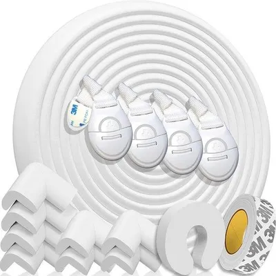 Image de Protections pour bébés et bords de table avec 8 coins en mousse. Protections pour bords de table et coins : 6,4 m au total pour les tables et les coins de meubles. Butoirs de porte, 4 sangles de sécurité pour armoires. (blanc) Certificat.