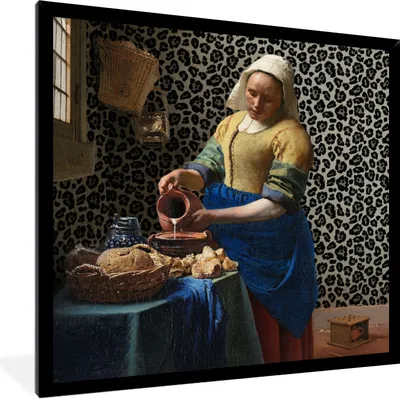 Produktbild von MuchoWow® Gerahmtes Poster Milchmädchen - Kunst - Pantherdruck - Vermeer - Gemälde - Alte Meister 40x40 cm - Poster mit Schwarzem Bilderrahmen Wandposter Rahmen Foto Bilder - Mit Rahmen - Wanddekoration Schlafzimmer