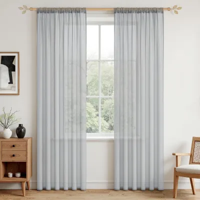 Immagine prodotto di Omgoods - Tende in voile grigia con passanti - Set di 2, dimensioni 225 x 140 cm, ideali per soggiorno e camera da letto