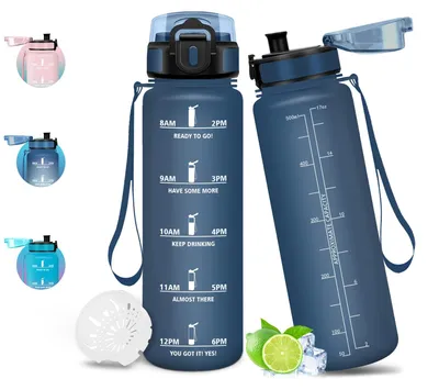 Produktbild von Trinkflasche 500ml dunkelblau, BPA-frei, mit Zeitmarkierung & Filter