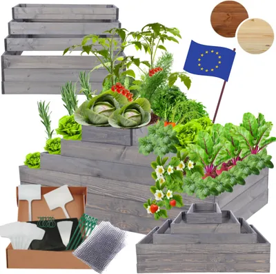 Produktbild von MODO24 Hochbeet Holz, Pflanzkasten, Massivholz, Kiefer, Kräuterbeet, Blumenkasten, Garten, Terrasse, 54x117x90 cm, Grau, ZP09