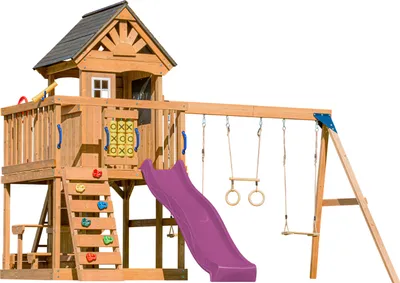 Produktbild von AXI Jack Spielturm aus Holz in Braun mit Doppelschaukel | Spielplatz für Kinder mit lila Rutsche, Schaukel, Trapez, Kletterwand, Picknicktisch &