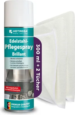 Produktbild von HOTREGA Edelstahl Pflegespray Brillant 300 ml SET + 2x Microfasertuch 40 x 40 cm