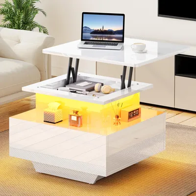 Produktbild von BALCONERA Couchtische, Beistelltische, Wohnzimmertisch, Anhebbarer Tischplatte, Hochglanz, LED-Lichterkette, 2 Schubladen, 60x60x45cm