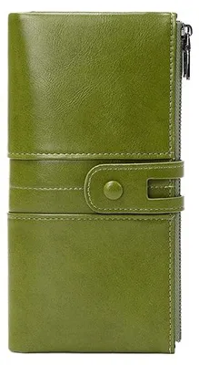 Produktbild von RFID Damen Geldbörse Lang, Vintage Portemonnaie aus Oil-Wax-Leder, Doppelreißverschluss Geldbeutel, Clutch für Damen,Green