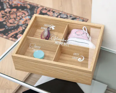 Obrázok produktu pre Gilde Kästchen, rechteckig, "Glücksmomente", Spruch, Glas, MDF, naturfarben, VE 3, L. 7,5 cm, B. 26,5 cm, H. 21 cm