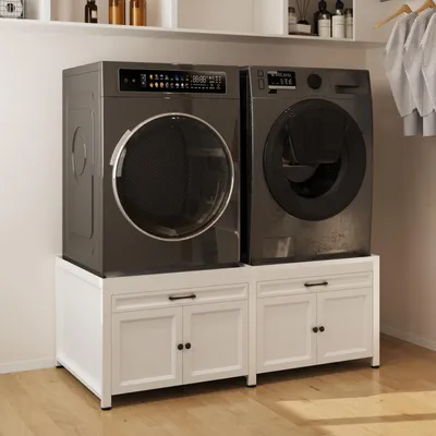 Produktbild von Waschmaschinenschrank mit 4 Türen und 2 Schubladen, Unterschrank, Badezimmer-Aufbewahrungsmöbel, Wohnzimmer, weiß, MDF+Eisen, 148 × 57 × 74 cm