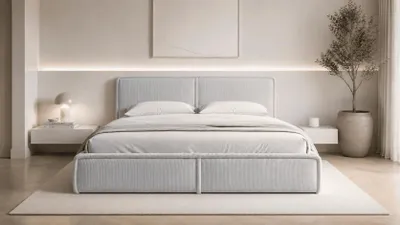 Produktbild von MOEBLO Polsterbett Bett 04 – Doppelbett mit Cord Bezug, Kopfstütze, gepolstertes Kopfteil, Rahmenbettgestell, Bettkasten und Lattenrost - 140x200 - Hellgrau (Poso 55)