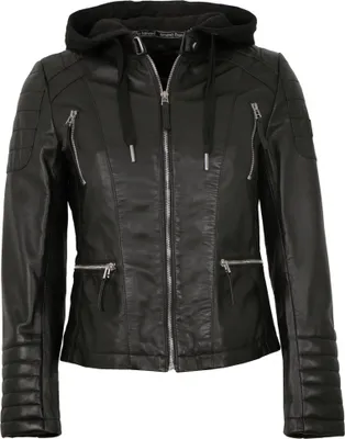 Produktbild von Bruno Banani - Damen Lederjacke Lammnappa Kapuze schwarz : 46