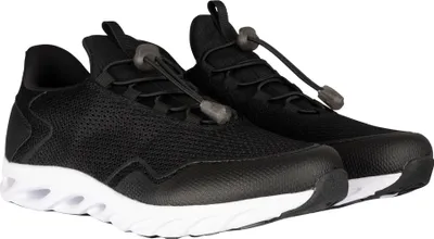 A pair of black water shoes with white soles.