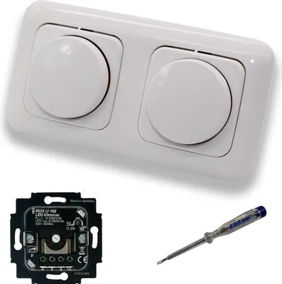 Produktbild von Busch Jäger 6523U-102 (2 Stück) LED Drehdimmer Dimmer + Dimmerscheiben 2115-214 in ReflexSi alpinweiß glänzend im 2-fach Rahmen inkl. EBROM Phasenprüfer zur Montage der Geräte 6523 U - 102