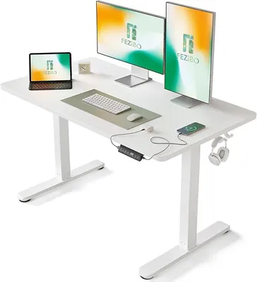 Image de Bureau réglable en hauteur, électrique, avec ports de charge USB-A et USB-C, dimensions 140 x 70 cm, bureau assis-debout, bureau ergonomique, blanc