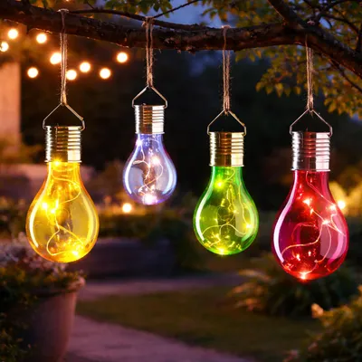 Produktbild von LED Solar Glühbirnen GLOW - warmweiße LED Drahtlichterkette - H: 14cm - Lichtsensor - buntes 4er Set