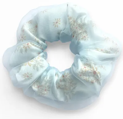 Image de Chouchou en mousseline double épaisseur avec fleurs Bleu
