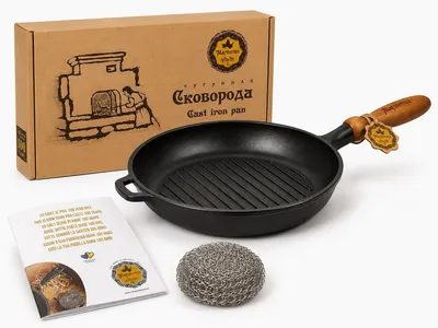 Produktbild von MAYSTERNYA Gusseisen-Grillpfanne mit Holzgriff – ø 24 x 4 cm – Induktion – Universal-Kochpfanne – Kochen auf offenem Feuer – Schwarz