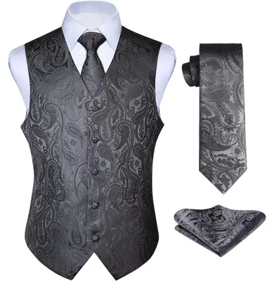 Produktbild von Anzugweste Herren Paisley Jacquard Set mit Krawatte und Einstecktuch Grau XXL