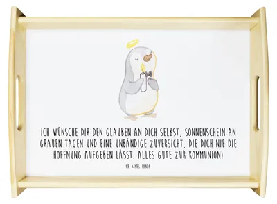 Produktbild von Mr. & Mrs. Panda Tablett Pinguin Kommunion - Weiß - Geschenk, Glauben, Servier, Serviertablett, betttablett, Deko, Sonnenschein, Dankeschön, Bett-Tablett