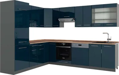 Produktbild von Eckküche Vicco Fame-Line Dunkelblau Hochglanz/Anthrazit 287 x 60 cm , AP Eiche, Model 49720