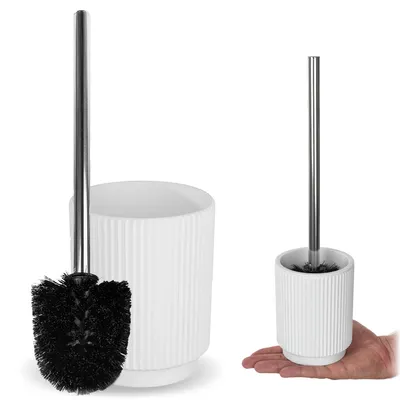 Immagine prodotto di Spazzola per WC KADAX con supporto in resina, spazzola per WC con manico lungo in plastica, moderna spazzola per WC con portaspazzola, accessori per il bagno (bianco), Immagine generata dall'IA