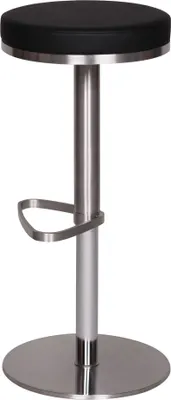 A modern bar stool with a black seat and a silver metal base and stem.