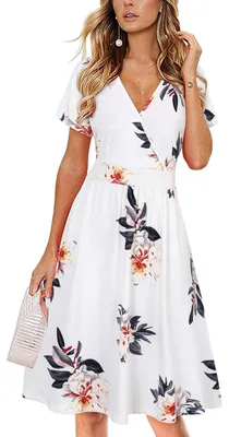 Produktbild von Kurzärmliges Wickelkleid mit V-Ausschnitt und Taschen, mit Blumenmuster, Größe S