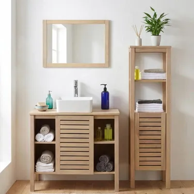 Produktbild von TALIX 90 cm Eichen-Einzelwaschbecken-Set mit Armatur, Spiegel und Säule