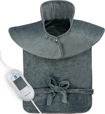 A gray heated neck and shoulder wrap with a controller.