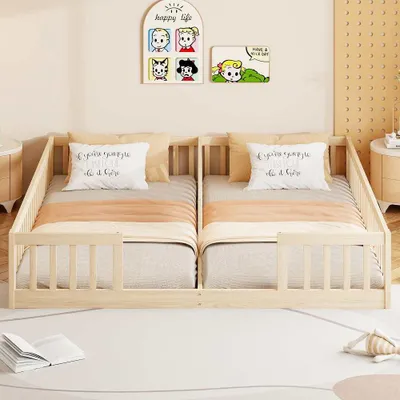 Produktbild von Paneelbett 90x200cm Kinderbett mit Geländer, Kiefernholz, mit Lattenrost, Kinderzimmer Bett