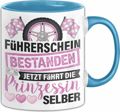 Produktbild von Führerschein Bestanden Geschenk Tasse Bestandener Führerschein Jetzt Fährt Die Prinzessin Selber Motorrad Fahrschule Kaffee-Becher (Blau)