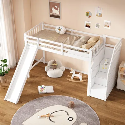 Produktbild von STILVORA Hochbett 90×200cm Kinderbett mit Rutsche & Ablageleiter,Holzbett Bettgestell,Kiefernmassivholz,weiß(mit Matratze)