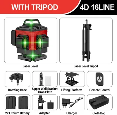 Zdjęcie produktu dla Laser krzyżowy z niwelatorem – 16 linii, 360°, 4D – zielona wiązka – samonivelujący ±4° – dokładność ±3 mm/10 m – IP54 – statyw + torba