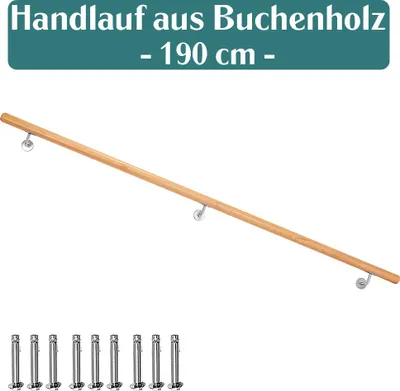 Handlauf Buche 200 cm lang mit 9 Montagedübeln